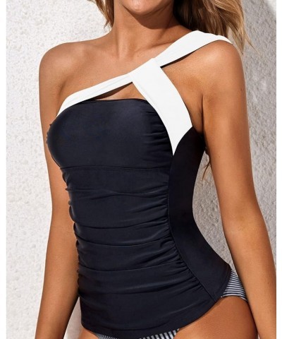 Women Tankini Top Swim Tops Ruched One Shoulder Bathing Suit Swimsuit Tops Only Black White $17.54 Swimsuits