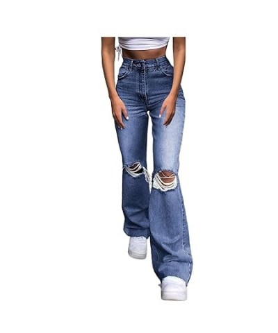 Jeans Trousers Hole Women Button Denim High Loose Pocket Pants Waist Elastic Pants Blue Spice Black Jeans (4-Blue, S) Large B...