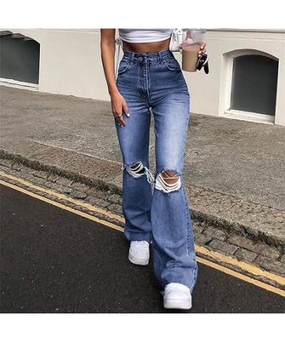 Jeans Trousers Hole Women Button Denim High Loose Pocket Pants Waist Elastic Pants Blue Spice Black Jeans (4-Blue, S) Large B...