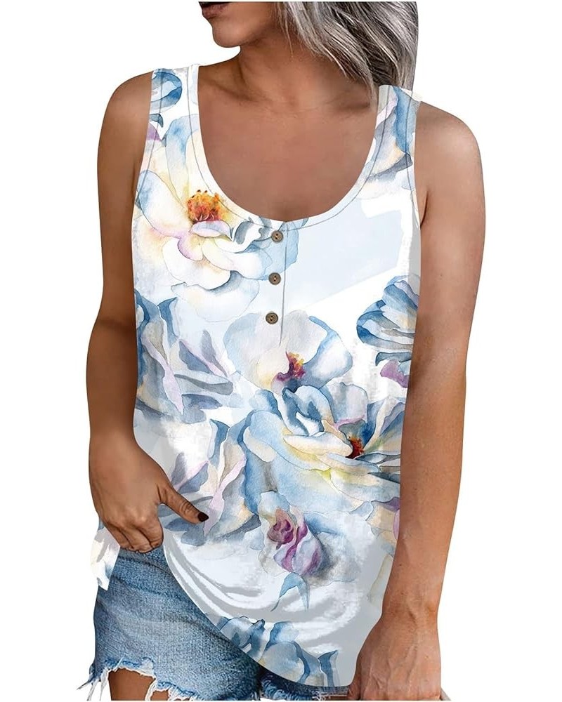 Womens 2023 Trendy Floral Tank Tops Summer Casual Sleeveless Basic Cami Top Half Button Down Blouses Henley Shirts 4-light Bl...