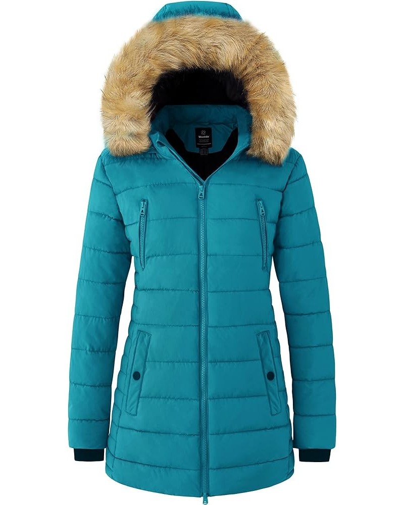 Women's Warm Winter Coat Heavy Puffer Jacket Parka with Fur Trimmed Hood Teal Blue $37.39 Jackets