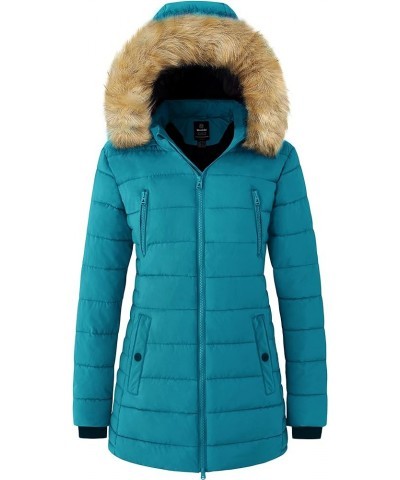 Women's Warm Winter Coat Heavy Puffer Jacket Parka with Fur Trimmed Hood Teal Blue $37.39 Jackets