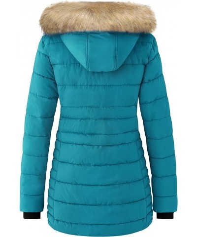 Women's Warm Winter Coat Heavy Puffer Jacket Parka with Fur Trimmed Hood Teal Blue $37.39 Jackets