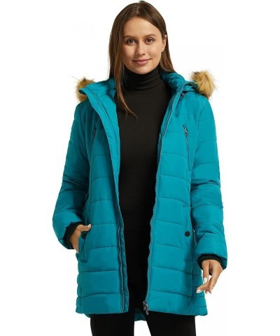 Women's Warm Winter Coat Heavy Puffer Jacket Parka with Fur Trimmed Hood Teal Blue $37.39 Jackets