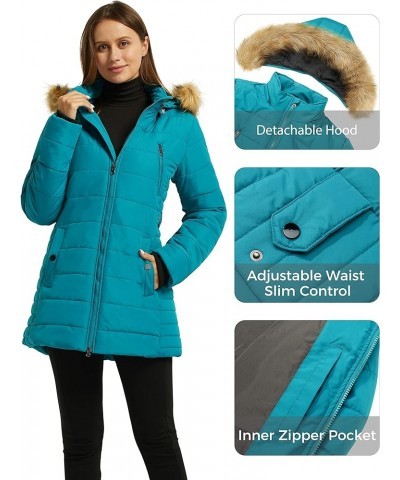 Women's Warm Winter Coat Heavy Puffer Jacket Parka with Fur Trimmed Hood Teal Blue $37.39 Jackets