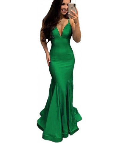 Silk Like Satin Bridesmaid Dresses for Women Wedding Guest Elastic Mermaid Prom Gowns Long Cross Back V-Neck Emerald Green $3...