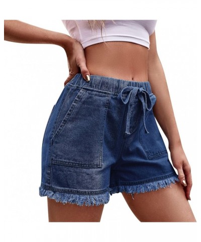 Frayed Tassel Hem Jean Shorts for Women Relaxed Fit Elastic Waist Drawstring Shorts Casual High Rise Rugged Denim Bu2 $9.36 S...