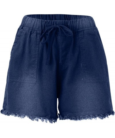 Frayed Tassel Hem Jean Shorts for Women Relaxed Fit Elastic Waist Drawstring Shorts Casual High Rise Rugged Denim Bu2 $9.36 S...