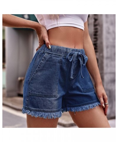 Frayed Tassel Hem Jean Shorts for Women Relaxed Fit Elastic Waist Drawstring Shorts Casual High Rise Rugged Denim Bu2 $9.36 S...