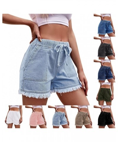 Frayed Tassel Hem Jean Shorts for Women Relaxed Fit Elastic Waist Drawstring Shorts Casual High Rise Rugged Denim Bu2 $9.36 S...