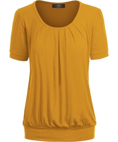 Women's Scoop Neck Short Sleeve Pleated Front Blouse Tunic Top Plus Size Wt1175_mustard $10.21 Tops