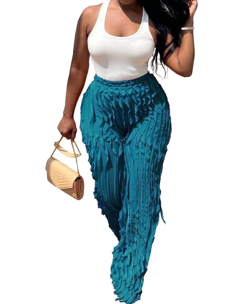 Women High Waist Sexy See Through Ruffle Wave Wide Leg Palazzo Pants Stretchy Tassel Long Sheer Mesh Trousers Deep Blue $15.5...