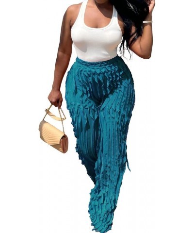 Women High Waist Sexy See Through Ruffle Wave Wide Leg Palazzo Pants Stretchy Tassel Long Sheer Mesh Trousers Deep Blue $15.5...