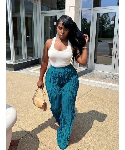 Women High Waist Sexy See Through Ruffle Wave Wide Leg Palazzo Pants Stretchy Tassel Long Sheer Mesh Trousers Deep Blue $15.5...