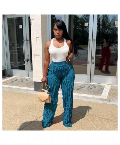 Women High Waist Sexy See Through Ruffle Wave Wide Leg Palazzo Pants Stretchy Tassel Long Sheer Mesh Trousers Deep Blue $15.5...