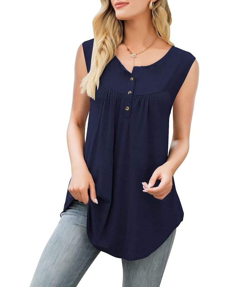 Womens Floral Tie-Dye Tops V Neck T-Shirts Button up Tunic Casual Flowy Pleats Tanks Long Sleeve Blouses Sleeveless-navy Blue...