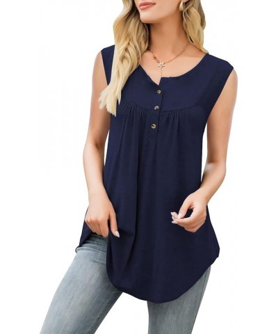 Womens Floral Tie-Dye Tops V Neck T-Shirts Button up Tunic Casual Flowy Pleats Tanks Long Sleeve Blouses Sleeveless-navy Blue...