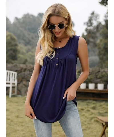 Womens Floral Tie-Dye Tops V Neck T-Shirts Button up Tunic Casual Flowy Pleats Tanks Long Sleeve Blouses Sleeveless-navy Blue...