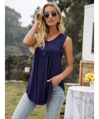 Womens Floral Tie-Dye Tops V Neck T-Shirts Button up Tunic Casual Flowy Pleats Tanks Long Sleeve Blouses Sleeveless-navy Blue...