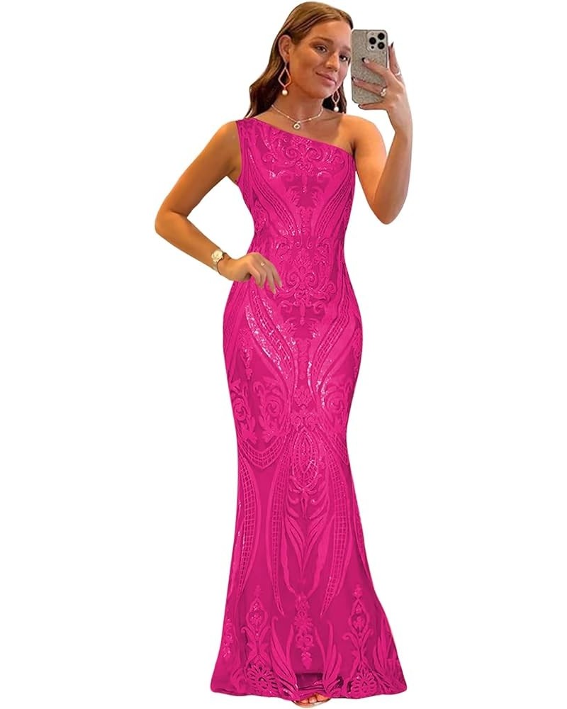 Sequin One Shoulder Prom Dresses for Women Mermaid Long Ball Gown Tight Sparkly Formal Evening Party Dress Hot Pink $35.69 Dr...