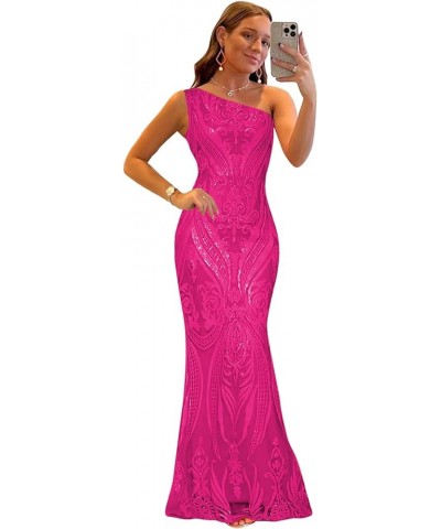 Sequin One Shoulder Prom Dresses for Women Mermaid Long Ball Gown Tight Sparkly Formal Evening Party Dress Hot Pink $35.69 Dr...