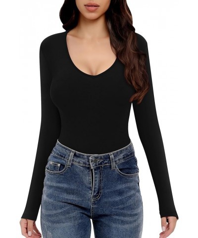 Womens Short Sleeve V Neck Thong Slimming Tshirt Bodysuits High Stretch Collection Long Sleeve Black $7.50 Bodysuits