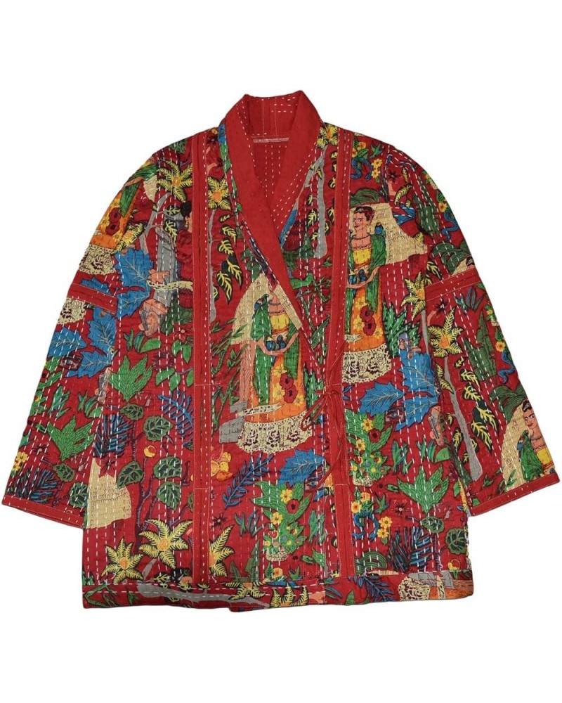 Rajbhoomi Women Kantha Jacket Print Cotton Fabric Handmade Quilted Red $33.27 Jackets