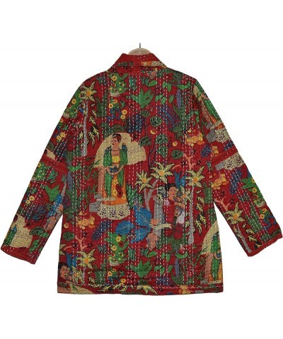 Rajbhoomi Women Kantha Jacket Print Cotton Fabric Handmade Quilted Red $33.27 Jackets