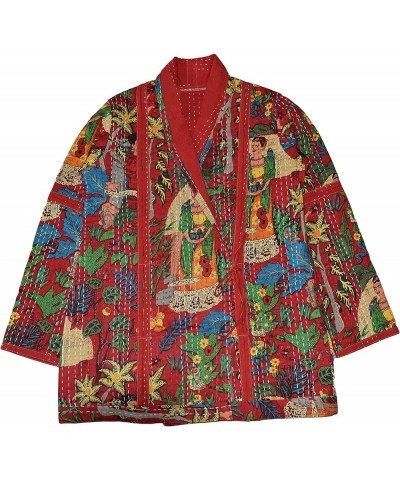 Rajbhoomi Women Kantha Jacket Print Cotton Fabric Handmade Quilted Red $33.27 Jackets