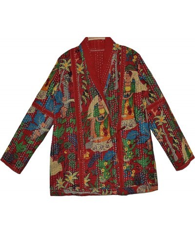 Rajbhoomi Women Kantha Jacket Print Cotton Fabric Handmade Quilted Red $33.27 Jackets