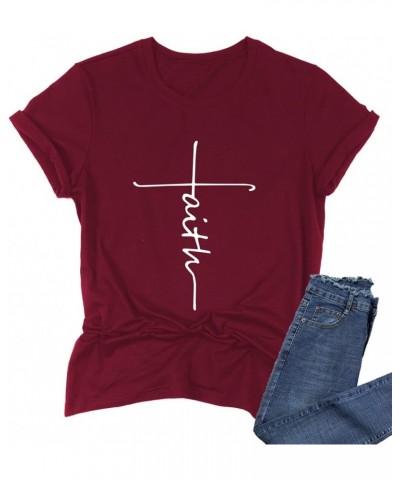 Womens Causal Faith Printed T-Shirt Christian Graphic Tees Short Sleeve Tops Wine Red $11.01 T-Shirts