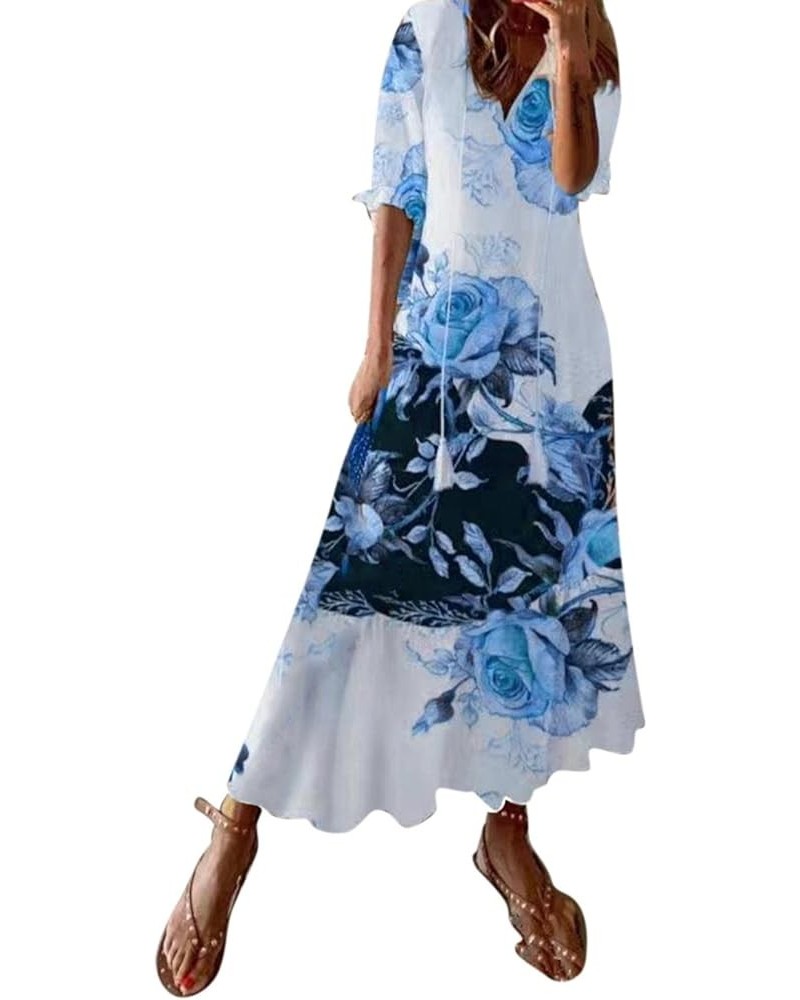 Beach Dresses for Women Long Sleeve Dress with Tassels Wide Bohemian Print V Neck Maxi Sundres Ccx8-blue $14.70 Dresses