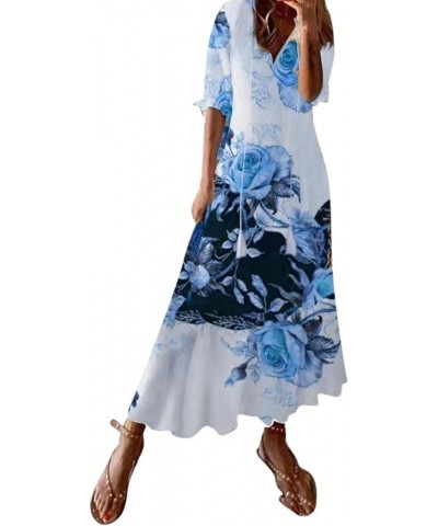 Beach Dresses for Women Long Sleeve Dress with Tassels Wide Bohemian Print V Neck Maxi Sundres Ccx8-blue $14.70 Dresses