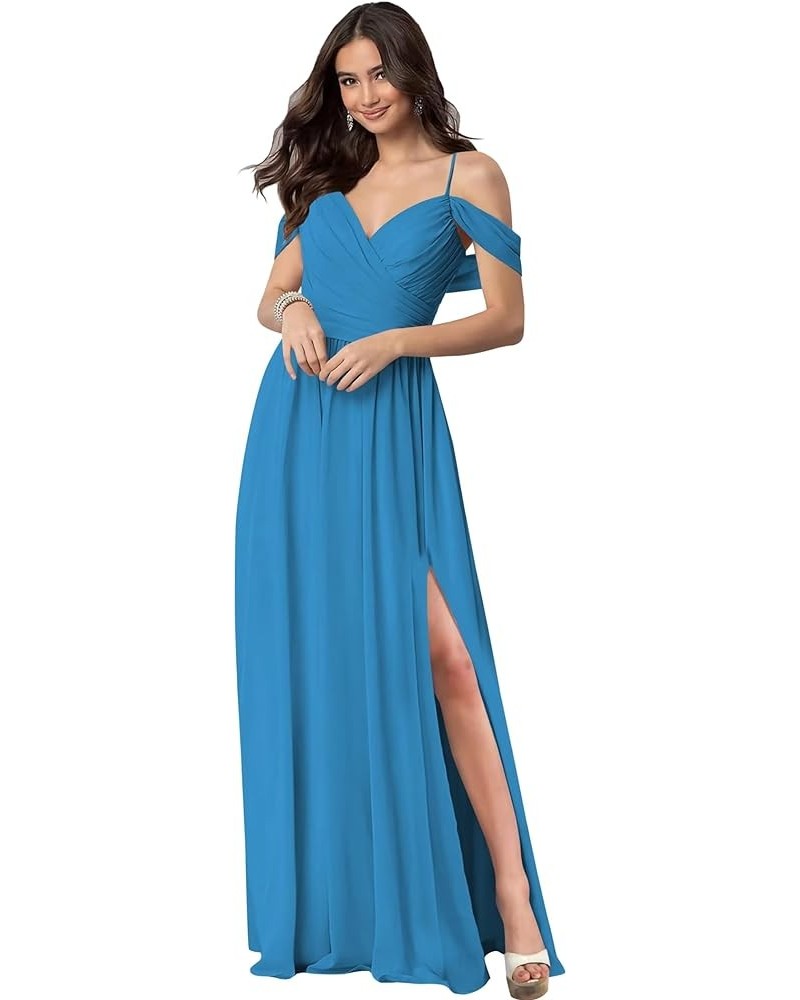 Women's Off Shoulder Bridesmaid Dresses Floor Length with Pockets A Line Chiffon Formal Dress Pleated Ocean Blue $29.89 Dresses