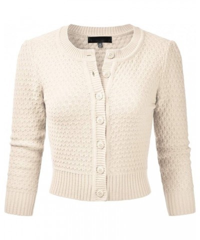 Women's Crewneck Button Down 3/4 Sleeve Cropped Cardigan Sweater (S-3XL) Esw003_oatmeal $16.95 Sweaters