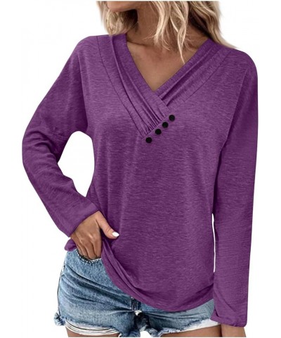 Shirts for Women,Women'S Pleated Button V Neck Tops Loose Long Sleeve Sweatshirt Pullover Comfy Fall T-Shirts 4-dark Purple $...