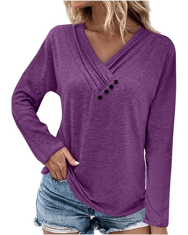 Shirts for Women,Women'S Pleated Button V Neck Tops Loose Long Sleeve Sweatshirt Pullover Comfy Fall T-Shirts 4-dark Purple $...