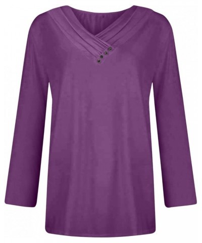 Shirts for Women,Women'S Pleated Button V Neck Tops Loose Long Sleeve Sweatshirt Pullover Comfy Fall T-Shirts 4-dark Purple $...