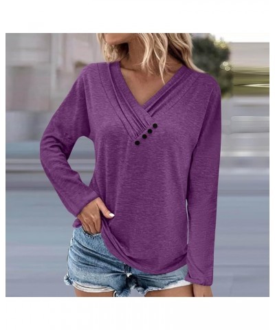 Shirts for Women,Women'S Pleated Button V Neck Tops Loose Long Sleeve Sweatshirt Pullover Comfy Fall T-Shirts 4-dark Purple $...