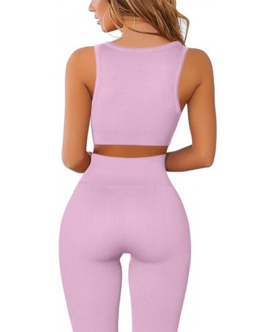 Workout Outfits for Women 2 Piece Ribbed Seamless Crop Tank High Waist Yoga Leggings Sets Dusty Pink $17.63 Activewear