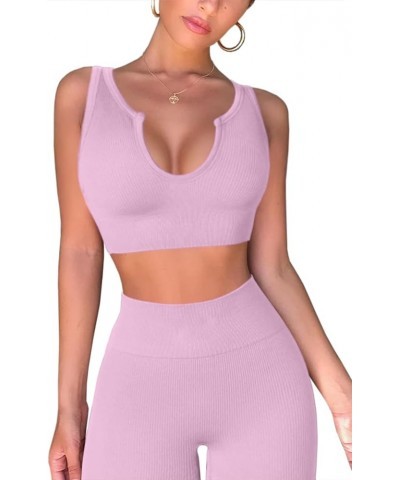 Workout Outfits for Women 2 Piece Ribbed Seamless Crop Tank High Waist Yoga Leggings Sets Dusty Pink $17.63 Activewear