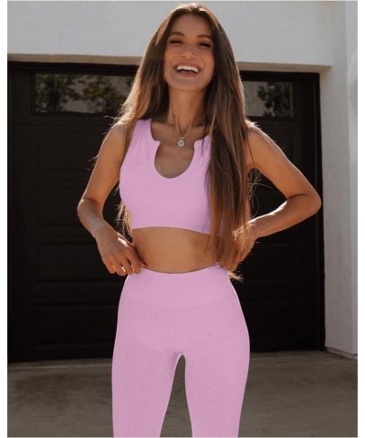 Workout Outfits for Women 2 Piece Ribbed Seamless Crop Tank High Waist Yoga Leggings Sets Dusty Pink $17.63 Activewear