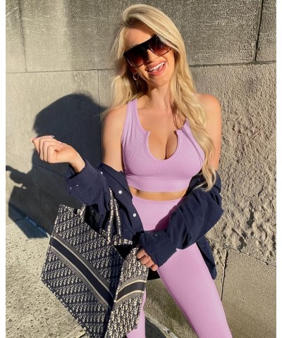 Workout Outfits for Women 2 Piece Ribbed Seamless Crop Tank High Waist Yoga Leggings Sets Dusty Pink $17.63 Activewear