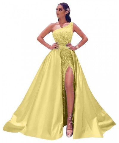 One Shoulder Sequin Prom Dresses 2024 Long Satin Ball Gowns for Women Sparkly Mermaid Formal Evening Gowns with Slit Yellow $...