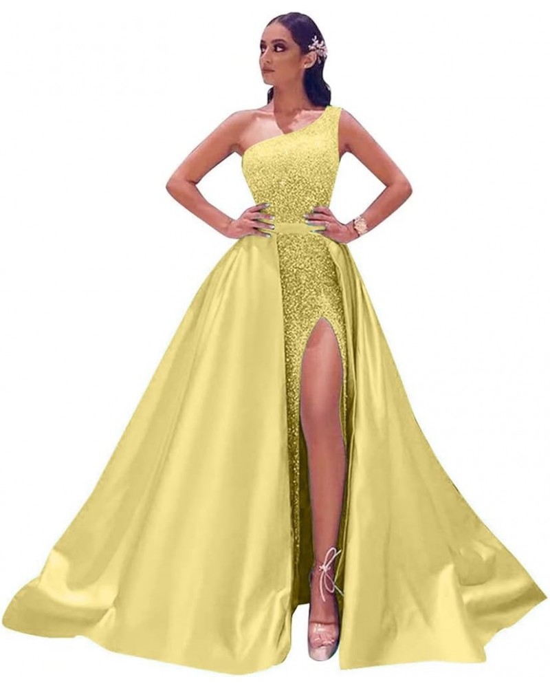 One Shoulder Sequin Prom Dresses 2024 Long Satin Ball Gowns for Women Sparkly Mermaid Formal Evening Gowns with Slit Yellow $...