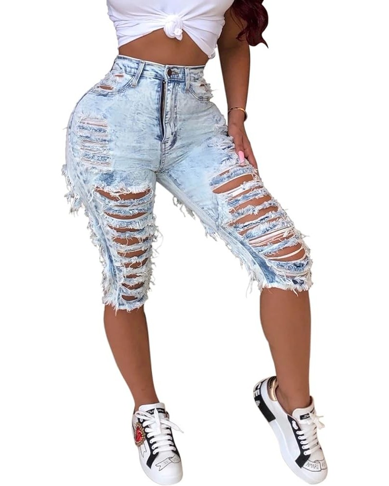 Shorts Jeans for Women High Waisted Washed Distressed Frayed Ripped Hole Stretchy Denim Jeans with Pockets Pz2258lightblue $1...