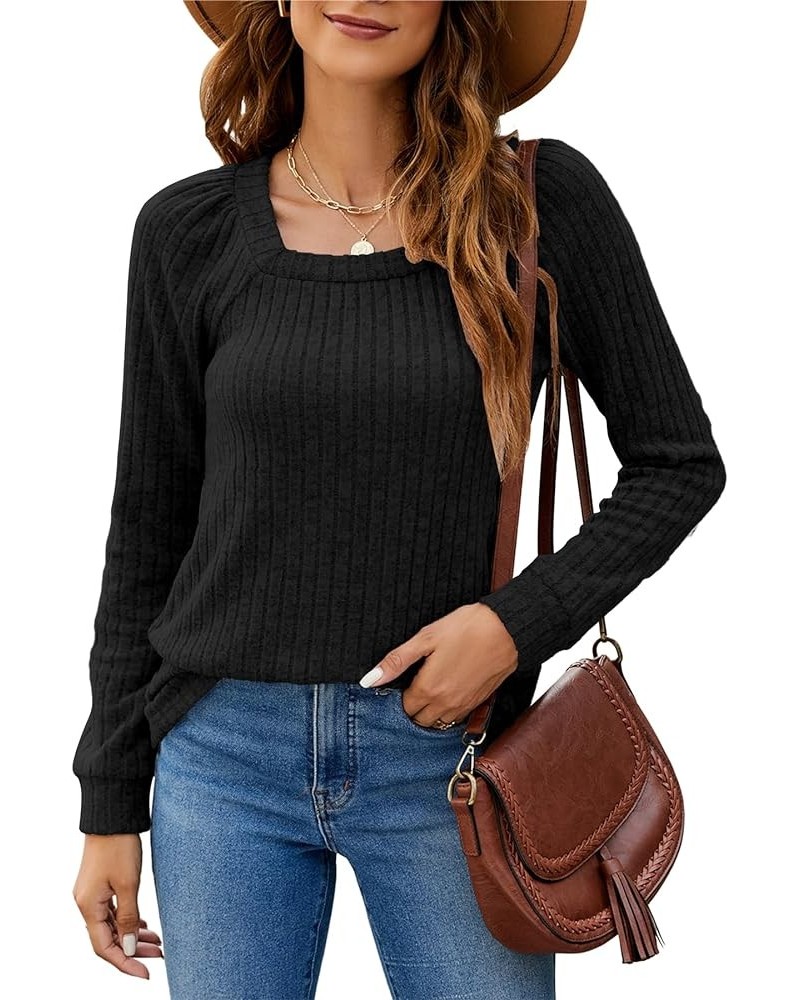 Women's Fall Sweaters Lightweight Square Neck Pullover Casual Long Sleeve Tunic Tops Black $13.50 Sweaters