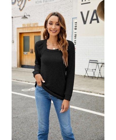 Women's Fall Sweaters Lightweight Square Neck Pullover Casual Long Sleeve Tunic Tops Black $13.50 Sweaters