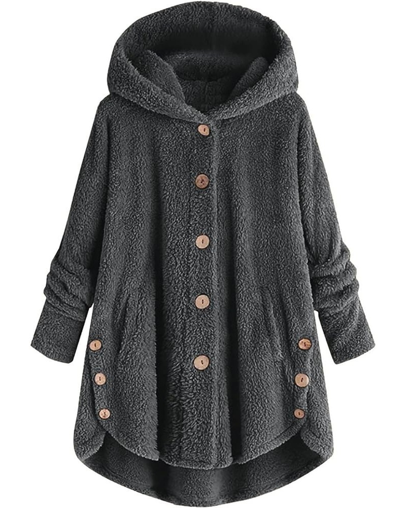 Thick Winter Coats for Women Causal Cute Sherpa Coats Fuzzy Fleece Warm Coats Button Down Long Sleeve Hooded Coat 04gray $6.2...