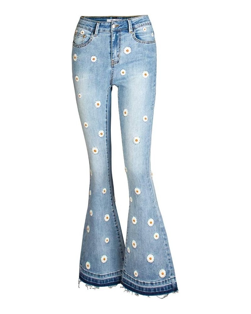 Women's Patchwork Jeans Mid Rise Floral Embroidered Shaping Skinny Jeans Flare-light Blue 4 $19.37 Jeans